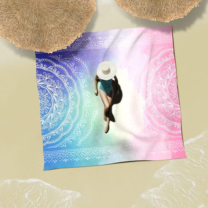 Sunlit 10'x9' Extra Large Boho Sand Proof Beach Blanket, Sand Proof Mat with Corner Pockets and Mesh Bag for Beach Party, Travel, Camping and Outdoor Music Festival, Blue and Pink Mandala