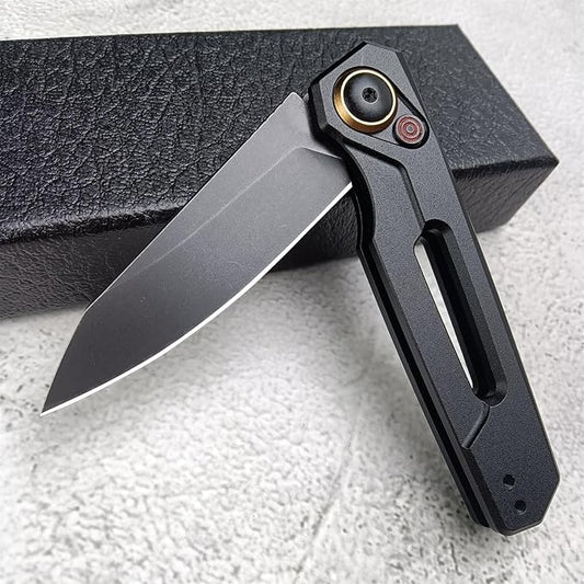 Push Button Lock Knife, Tactical Spring Assisted EDC Folding Knife, Black Stonewashed Reverse Tanto Blade Aluminum Handle Outdoor Hunting Caping Knives With Reversible Deep Carry Pocket Clip For Men, 7550