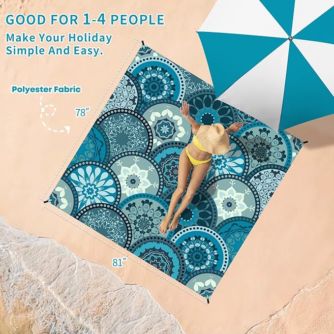 BYDOLL Beach Blanket Sandproof Waterproof 78''×81'' 1-4 Adults Compact Lightweight Oversized Beach Blanket Large Picnic Mat Beach Blanket for Travel Camping Hiking Picnic
