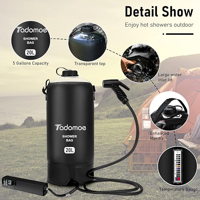Portable Shower by Tadomoe, 5 Gallons/20L Camping Shower Bag with Portable Shower Pump,Solar Shower with Hot Water,Leak Proof Handy Nozzle Temperature Indicator for Beach Trip, Camping and Hiking