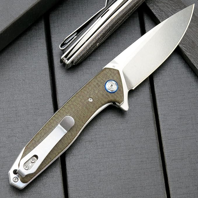 Eafengrow EF972 Folding Knife, D2 Steel Blade Micarta Handle Pocket Knife Folder for Outdoor Camping Hiking Working EDC Tool Knife(army green)