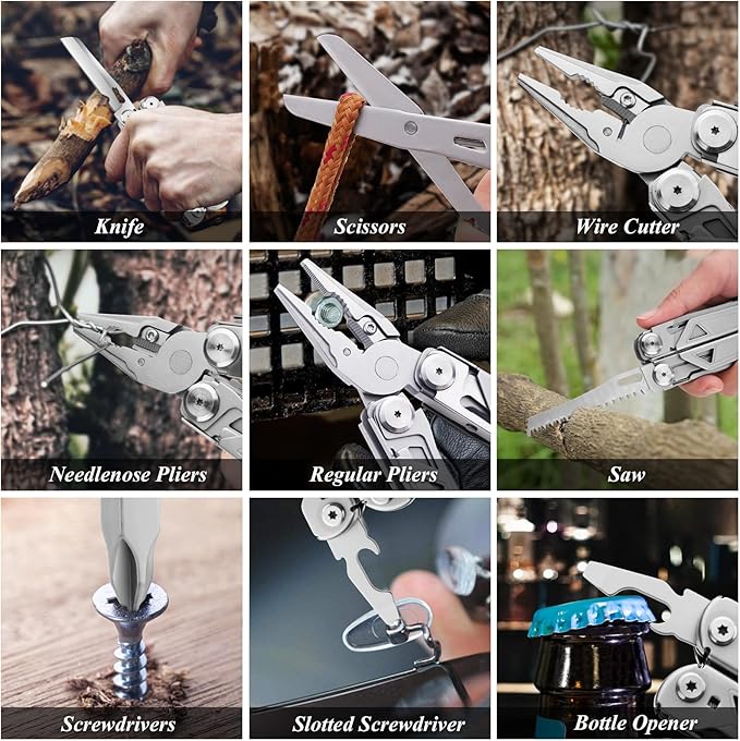RoverTac Multitool Pliers 16-in-1 Multi Tool Pocket Knife Multitool Knife Tactical EDC Gear Spring-loaded Pliers Scissors Knife Wire Cutter/Stripper Saw Bottle/Can Opener Screwdrivers Pocket Multitool