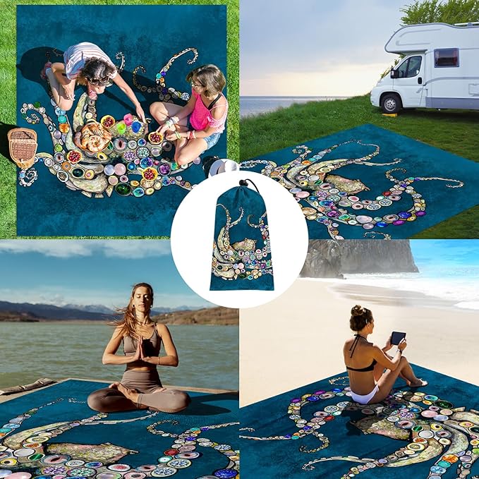 Beach Blanket Waterproof Sandproof, 78''×86'' Large Lightweight Beach Mat for 2-4 Adults with Stakes, Sand Free Quick Dry Outdoor Picnic Blankets for Travel, Camping, Hiking-Jewelry Octopus