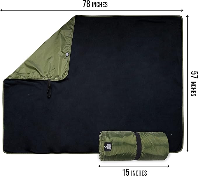 Large Waterproof Outdoor Camping Blanket by Edgecomb, Lightweight Picnic Blanket for Cold Weather, Stadium, Camp, Insulated Windproof, Ripstop Nylon with Waterproof Storage Bag, Micro Fleece (Green)