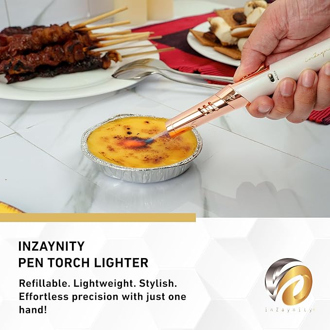 Pen Torch Lighter - Refillable Single Flame Butane Torch Lighter for Candle, & Cooking w/Adjustable Flame & Ignition Lock - Luxurious Handheld Camping Lighter & Gift Box by inZaynity - White & Gold
