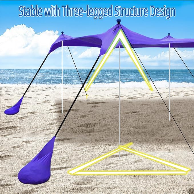 UMARDOO Family Beach Tent Canopy Sun Shade Portable 7×7FT, Large Wind Resistance Beach Sun Shelter Easy Setup with Packable Carry Bag for Outdoor Travel UPF 50+(Purple)