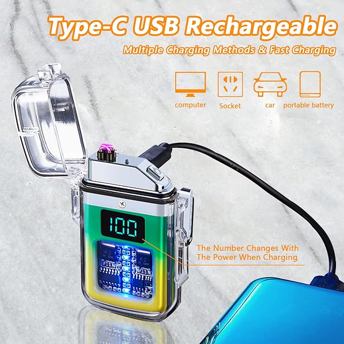 BABOBIU Electric Lighter Plasma Lighter Flameless Windproof Waterproof Arc Lighter with Smart Chip for Camping, Hiking, Adventure (Yellow Green)