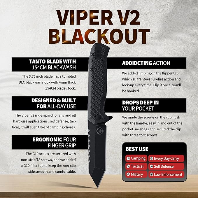 Off-Grid Knives - Viper V2 with154CM Steel Tanto Blade, Grippy G10 Scales, Left or Right Deep Carry Clip, Ceramic Ball Bearings (Blackwash)