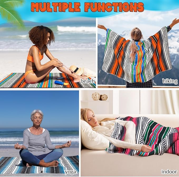 Oudain Mexican Blankets and Throws 45 x 70 Inch, Cotton Outdoor Camping Blanket Woven Serape Yoga Blanket Fiesta Picnic Beach Blankets(Exquisite Color, 3 Pack)