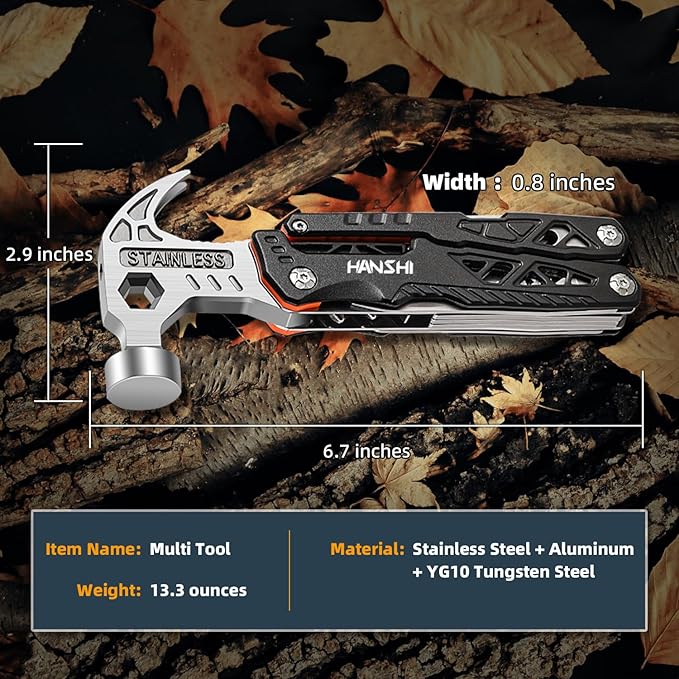 Replaceable Wire Cutter Hammer Multitool with Nylon Sheath for Outdoor,Camping,Survival,Hiking,17 In 1 Pocket Multi Tool with Spring-Action Plier,Knife,Flint Rod,Safty Whistle for Gift