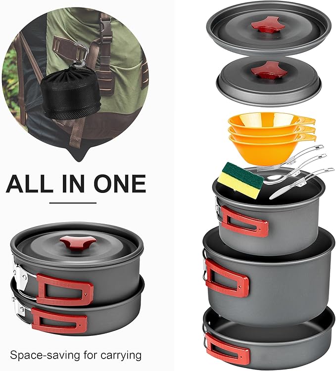 Alocs Camping Cookware, Portable Camping Essentials with Accessories, Camping Gear Camping Cooking Set for Outdoor Cooking, Backpacking, Hiking and Picnic.