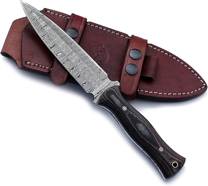 Handmade Damascus Steel Fixed Blade Bowie Knife For Edc,Hunting,Survival,Camping,Bushcraft and Fishung with Fixed Blade Spear Point Blade and Full Tang Micarta Handle with Cowhide-Leather Sheath-WKD-779