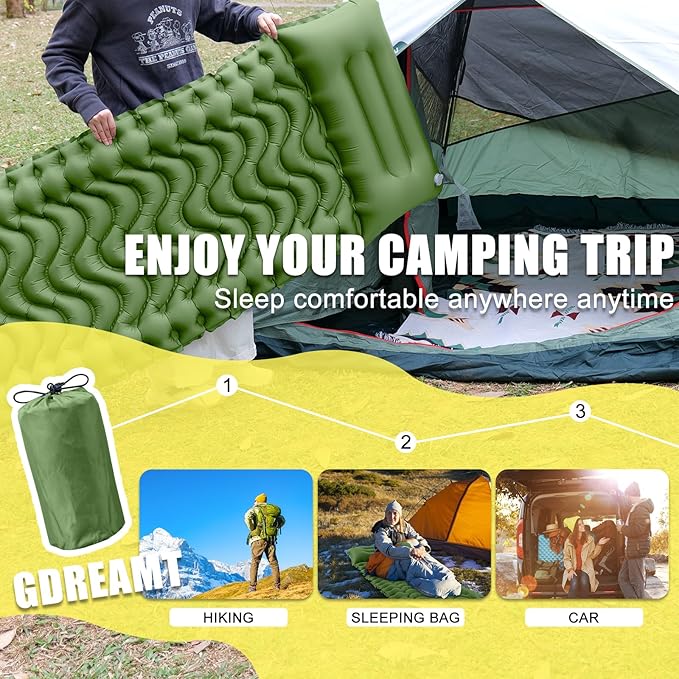 Sleeping Pad for Camping - Ultralight Inflatable Sleeping Mat with Pillow Built-in Foot Pump, Durable Compact Camping Air Mattress for Backpacking Hiking Tent Traveling