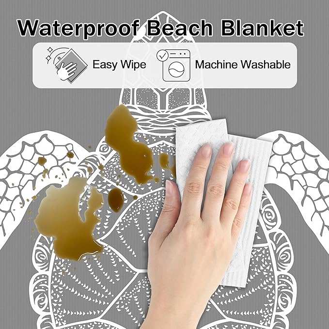 Waterproof Sand Free Beach Mat, 78”x 86” Large Sandproof Beach Blanket w/ 4 Stakes & Pockets, Easy to Clean Quick Drying Big Compact Beach Accessories for Outdoor, Picnic, Camping - Gray Sea Turtle