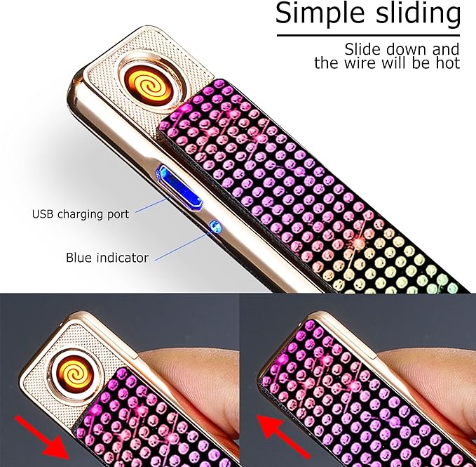 Rhinestone Lighter Electric Lighter Rechargeable Bling Glitter USB Lighter Flameless Girls Lighter for Women (Black Multi)