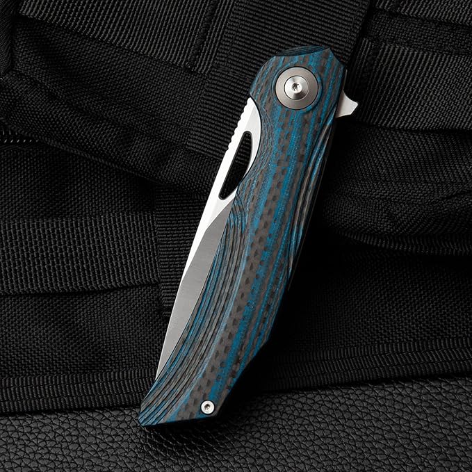 BESTECH KNIVES Pocket Folder Folding Knife: 3.54" 154CM Steel Satin Blade, Carbon Fiber and G10 Scales, Flipper, Liner Lock, EDC Titanium Clip, BL01B (Black Blue)