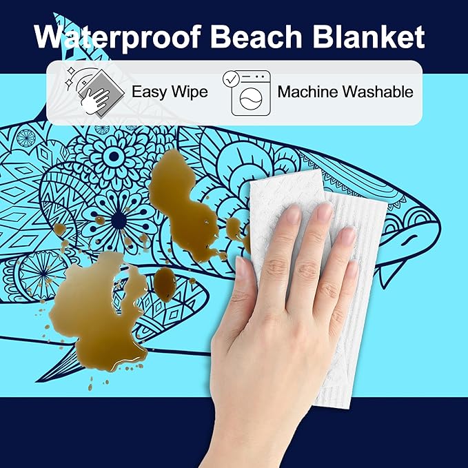 78''×86'' Large Beach Blanket Sandproof, Waterproof Sand Free Beach Mat 4 Adults w/ 4 Stakes & Pockets, Lightweight Foldable Outdoor Picnic Blanket for Camping, Travel, Hiking Accessories - Navy Shark