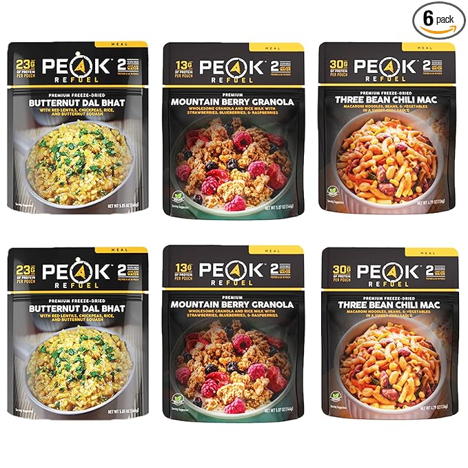 Peak Refuel Vegan 6-Pack | Freeze Dried Backpacking and Camping Food | Amazing Taste & Quality | High Protein | Quick Prep (Vegan 6-Pack)