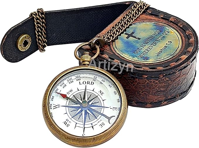 Brass Compass Engraved with Bible Scripture God is with You Wherever You Go Joshua 1:9 Religious Gift, Directional Magnetic Compass with Chain & Leather Carry Case, Baptism Gifts, Confirmation Gifts