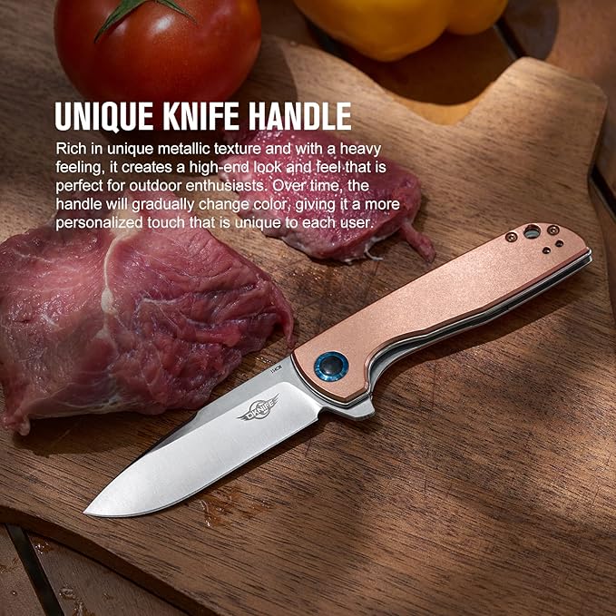 OKNIFE Freeze 2 Folding Knife, EDC Pocket Knife with Copper Handle, 154CM Steel Blade and Ceramic Ball-Bearing Washer for Camping, Hiking