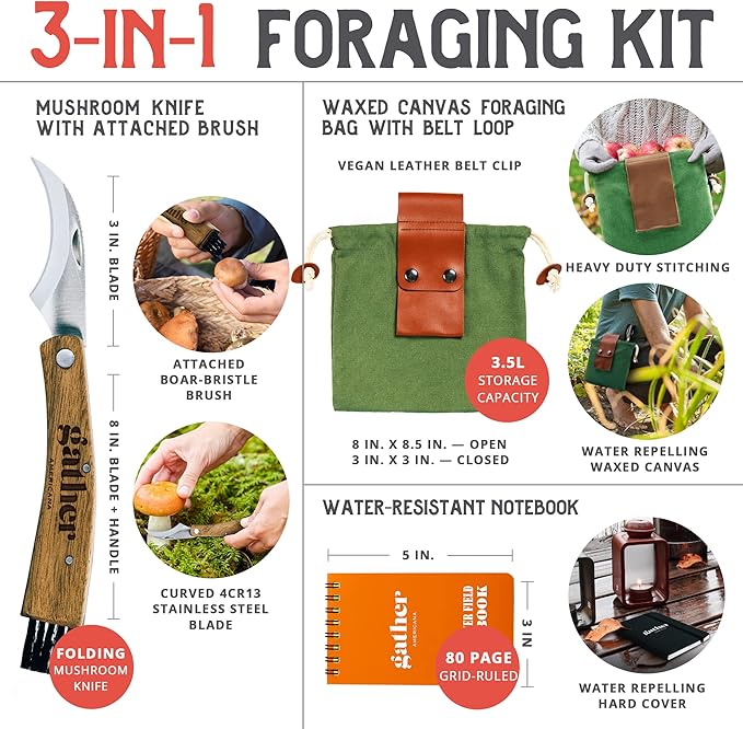Mushroom Foraging Kit – Mushroom Collecting Tools include Foraging Bag, Mushroom Knife, Brush and Waterproof Journal - Mushroom Gifts for Outdoor Camping