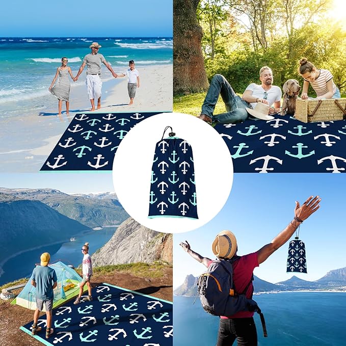 Nautical Beach Blanket Sandproof, Foldable Waterproof Sand Free Beach Picnic Mat, 78''×86'' Large Compact Portable Ocean Themed Outdoor Pocket Blanket With 4 Stakes for Travel, Camping - Navy Anchors