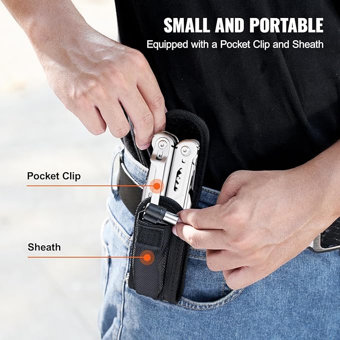 VEVOR 28-in-1 Multitool Pliers,Stainless Steel Multi Tool Pocket K-nife,Self-locking Multitool Pliers with Sheath & Replaceable Screwdrivers Bits -Perfect for Outdoor Survival, Camping, Hiking