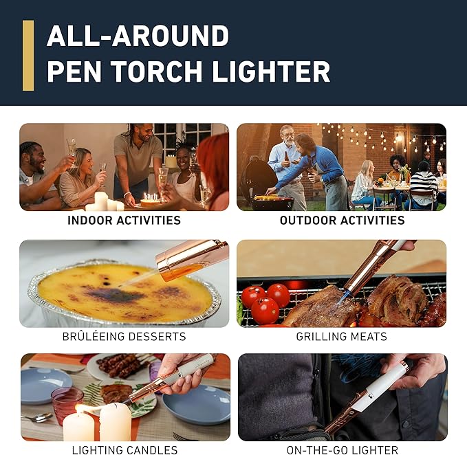 Pen Torch Lighter - Refillable Single Flame Butane Torch Lighter for Candle, & Cooking w/Adjustable Flame & Ignition Lock - Luxurious Handheld Camping Lighter & Gift Box by inZaynity - White & Gold