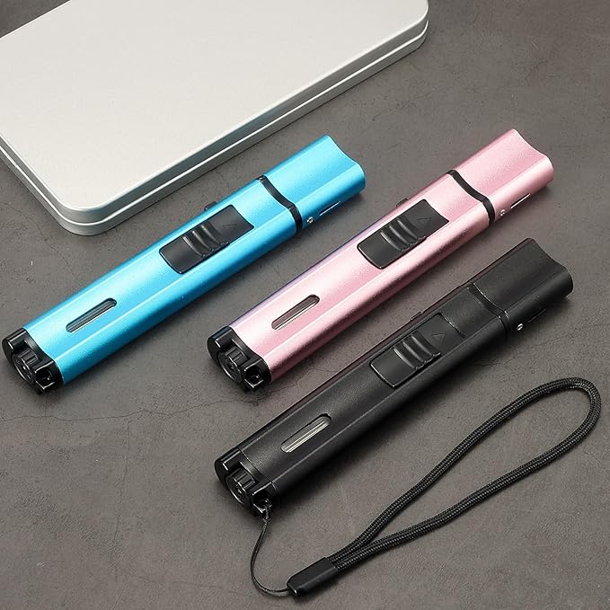 5.7in Butane Torch Lighter with Flame Locking & Safety Switch Function, Adjustable Double Jet Flame Long Stick Lighter, Refillable Windproof Pen Lighter. Blue(Sold Without Gas)