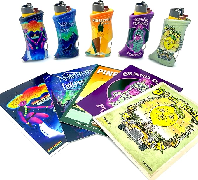 Califari's Toker Poker® 5 Pack- Bic Lighter Sleeve Multi Tool, Strain Art Collection - All Inclusive Tool for Camping with Postcards in Five Unique Designs