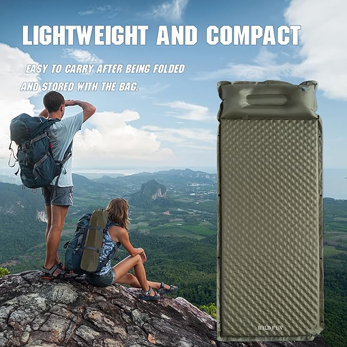 WILD FUN Sleeping Pad for Camping Self Inflating 1.5" Thick Foam Camping Sleeping Pad with Pillow Air Mattress Camping,Backpacking,Hiking