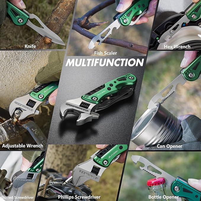 FLISSA 13-in-1 Multi Tool Wrench, Stainless Steel Multitool Adjustable Wrench with LED Light, EDC Pocket Knife with Sheath, Multipurpose Multi Use Tool Wrench