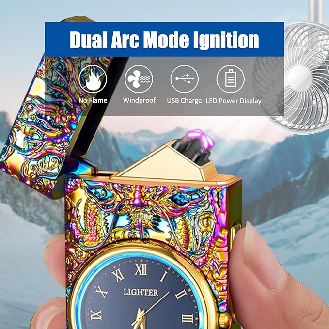 Cool Lighter with Clock Dial Electric Lighter with LED Power Display Plasma Lighter Windproof USB Rechargeable Lighter Gifts for Men Women(ColorsDragon)