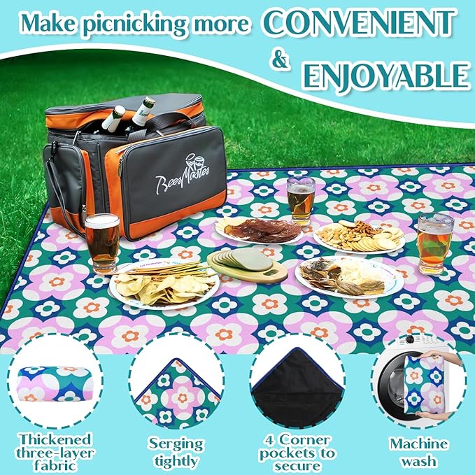 Boho Floral Picnic Blanket Waterproof Foldable Extra Large Picnic Mat Beach Blanket 60"x80" for Camping Beach Hiking Patio Party Outdoor Decor Gifts