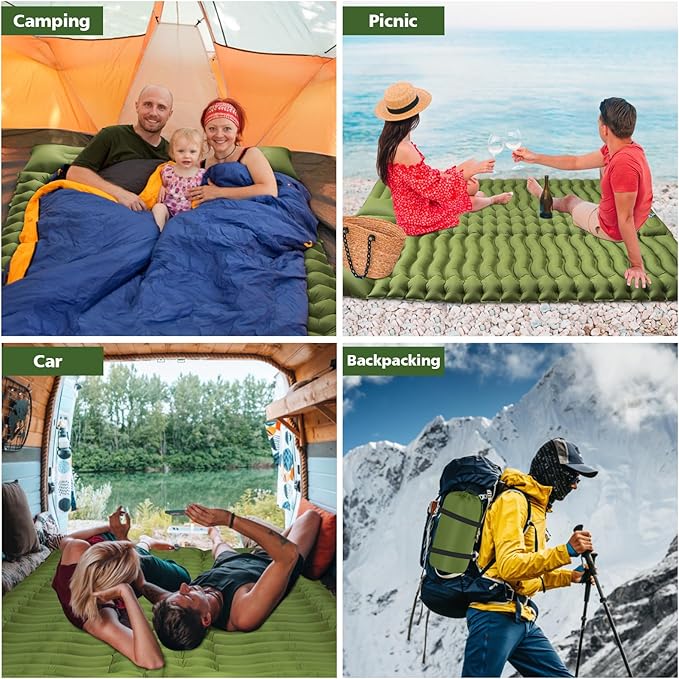 Double Camping Sleeping Pad with Built-in Foot Pump and Pillows Thick Inflatable 2 Person Portable Camping Mat for Hiking Backpacking Tent