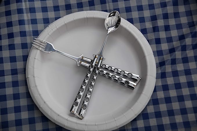 Caliber Gourmet Tactical Stainless Steel Folding Butterfly Knife Style Utensil, Fork, Spoon, Bottle Opener, Camping Hiking Kitchen BBQ Grill Picnic Flatware Utensil (Fork + Spoon), Christmas Gift