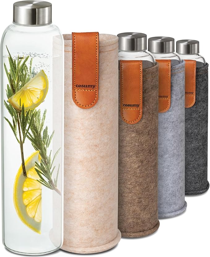 Glass Water Bottle 25oz with Felt Sleeve - Borosilicate Glass - Leakproof Lid - BPA Free - Glass Bottles for Beverage & Juicing (Beige)