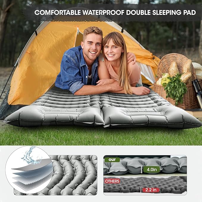 Double Sleeping Pad Extra Thick,Self Inflating Camping Mattress 2 Person with Pillow Built-in Foot Pump Reinforced Support Structure Inflatable Sleeping Mat Portable for Home Tent Backpacking Hiking