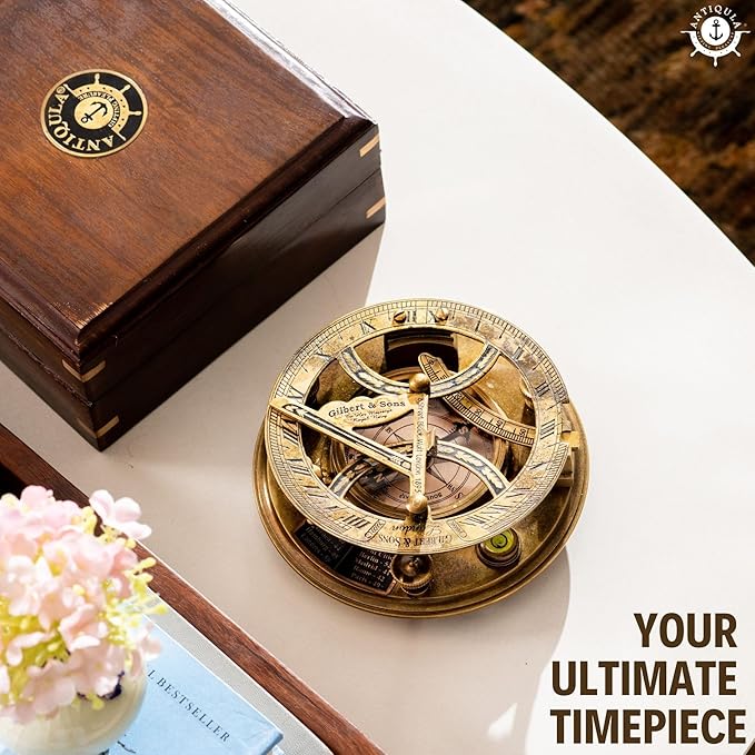 5 inch Large Sundial Compass with Wooden Rosewood Box, Perfectly Calibrated Steampunk Antique Brass Sundial Clock with Chart for Guidance, Ideal Nautical & Vintage Gift for Men