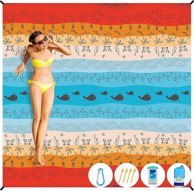 BYDOLL Beach Blanket Sandproof Waterproof 78''×81''1-4 Adults Compact Lightweight Oversized Beach Blanket Large Picnic Mat Beach Blanket for Travel Camping Hiking Picnic
