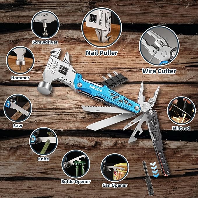 Upgraded Adjustable Wrench Multitool Hammer with YG10 Tungsten Steel Replaceable Wire Cutters for Men,18 in 1 Pocket Multi Tool Knife with Spring-Action Pliers for Camping,Survival (Blue)