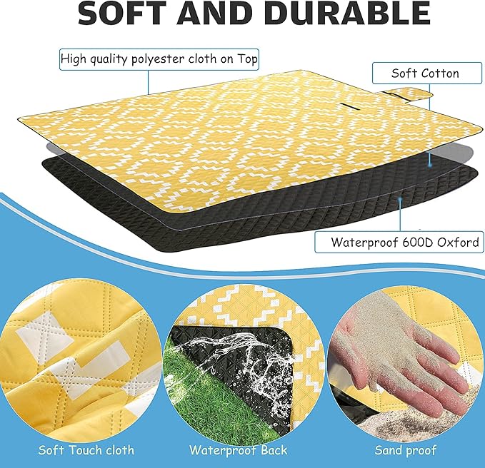 Waterproof Sandproof Travel Blanket, Large Yellow Picnic Mat for 2-4 Adults, Lightweight Beach Blankets with Carry Strap, Foldable Outdoor Blankets for Camping, Grass, Park
