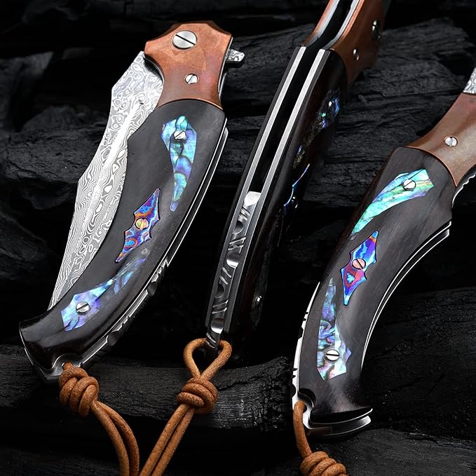 handmade japanese vg10 damascus steel folding knife with ebony lined lock handle, 5.5 "with leather sheath, edc pocket knife, men's outdoor camping fishing