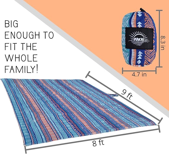 Makai – Lightweight Sheet Style Beach Blanket, Sand Dosen't Stick, Extra Large 8’ x 9’, Compact Strong Parachute Nylon Beach Mat, Stays Cool, Quick Drying, Multifunctional