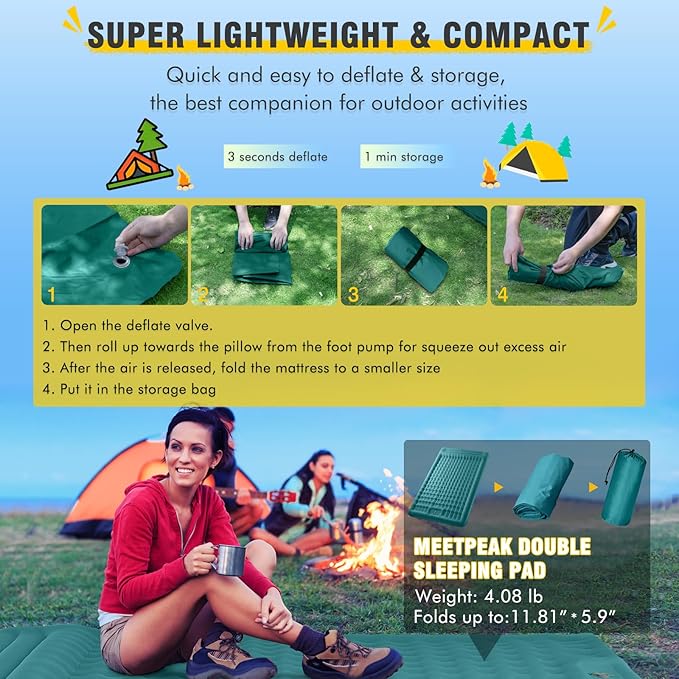 MEETPEAK Double Sleeping Pad for Camping, Extra-Thick 4.7" Inflatable Camping Mattress 2 Person with Pillow Built-in Foot Pump, Portable Camping Sleeping Mat for Backpacking, Hiking, Tent, Traveling