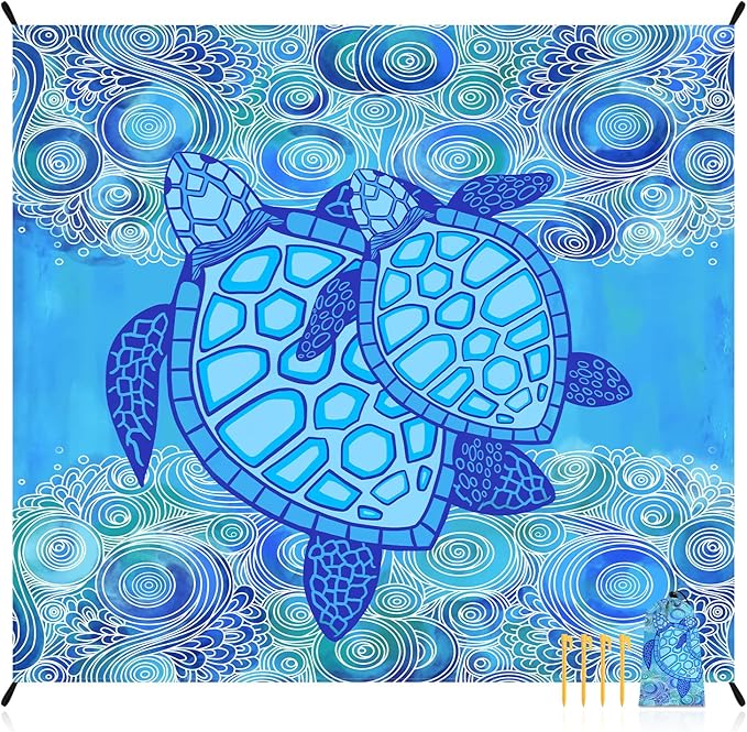 Beach Blanket Waterproof Sandproof, 78''×86'' Large Beach Mat Sand Free with 4 Stakes & Sand Pockets, Lightweight & Compact Foldable Picnic Blanket for Outdoor, Camping Must Have - Ocean Sea Turtle