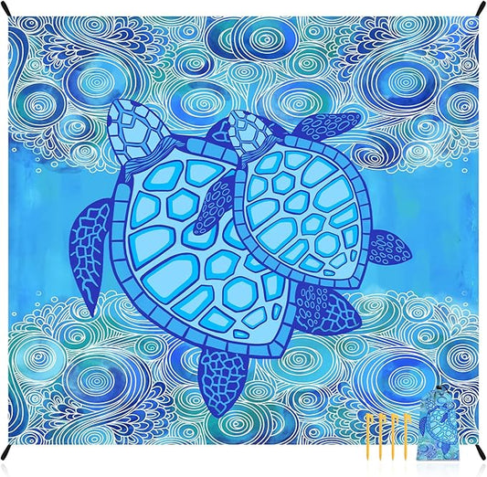 Beach Blanket Waterproof Sandproof, 78''×86'' Large Beach Mat Sand Free with 4 Stakes & Sand Pockets, Lightweight & Compact Foldable Picnic Blanket for Outdoor, Camping Must Have - Ocean Sea Turtle