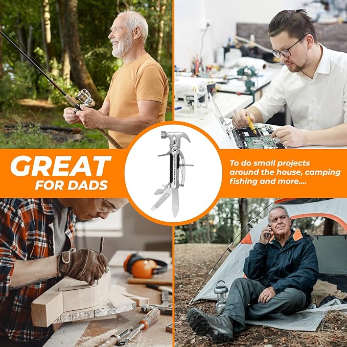 Gadget Gift for Dad - All in one Stainless Steel Hammer Multitool with case and clip. Great Gadgets for mens stocking stuffer for home or car