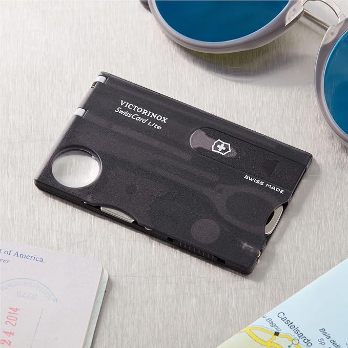 Victorinox Swiss Card Lite Swiss Army Knife, 13 Functions, Swiss Made Pocket Knife with Magnifying Glass, LED and Tweezers - Onyx