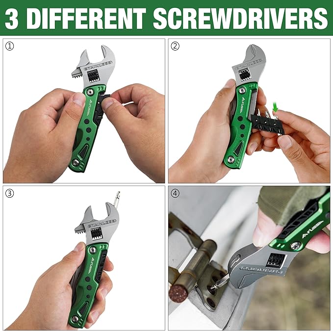 FLISSA 13-in-1 Multi Tool Wrench, Stainless Steel Multitool Adjustable Wrench with LED Light, EDC Pocket Knife with Sheath, Multipurpose Multi Use Tool Wrench